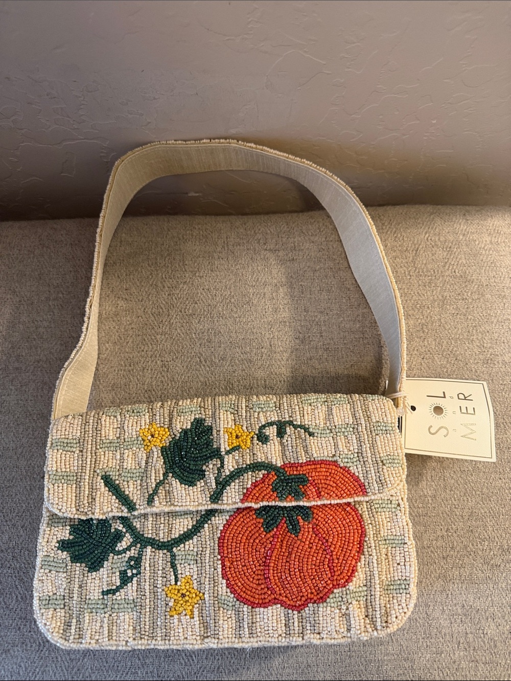 Beaded Pumpkin Shoulder Bag in Cream and Orange